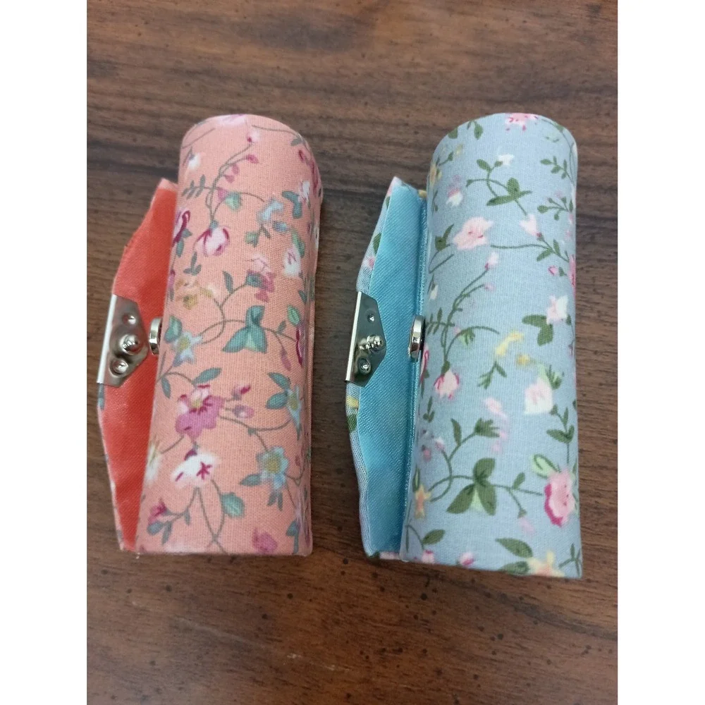 Blue pink floral snap chapstick lipstick cosmetic case with mirror